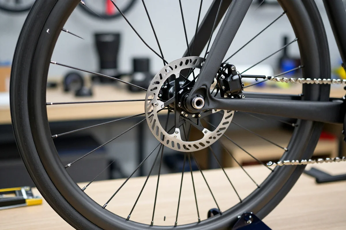 Centrowanie tylnego koła z tarczą w warsztacie rowerowym