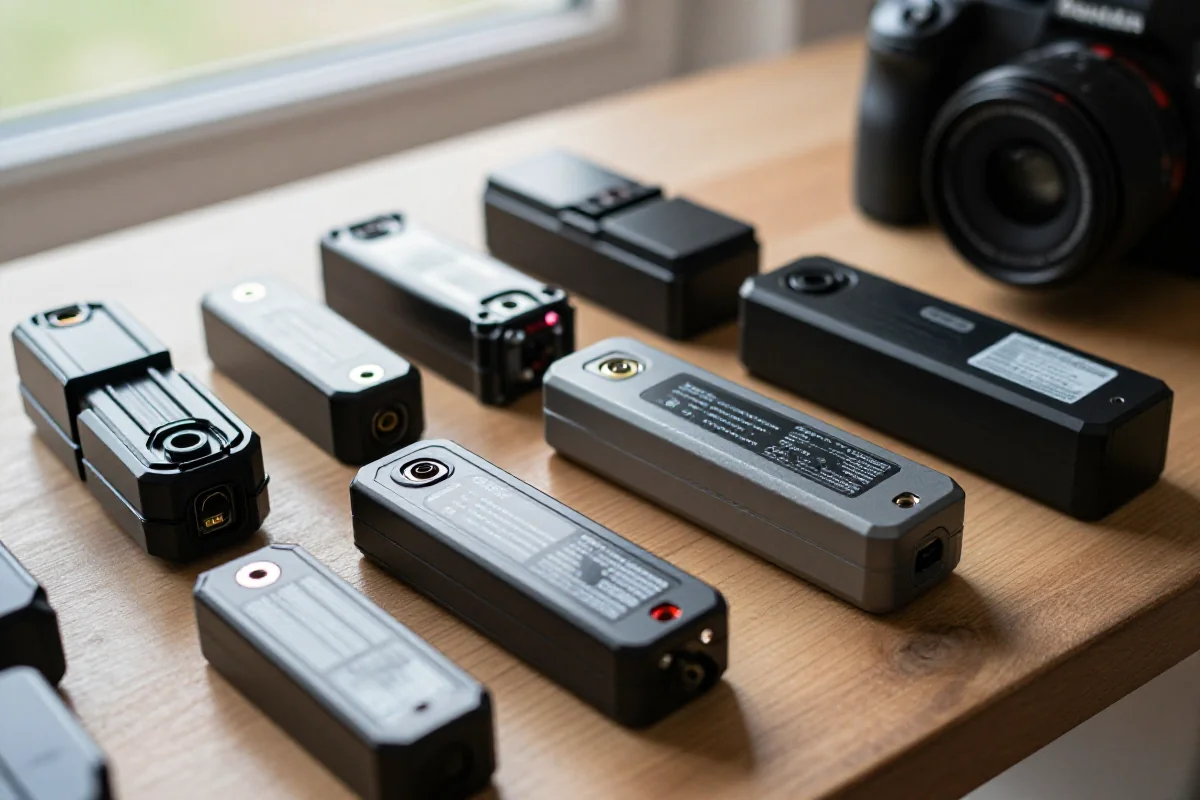 Baterie do rowerów elektrycznych na stole, różne rozmiary i typy.