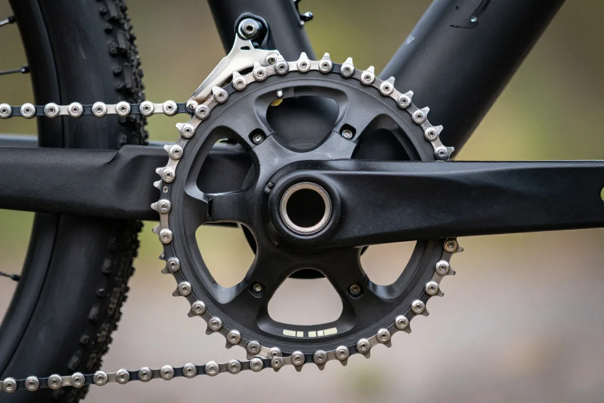 Zębatka narrow-wide na korbie roweru górskiego, ukazująca innowacyjną technologię.