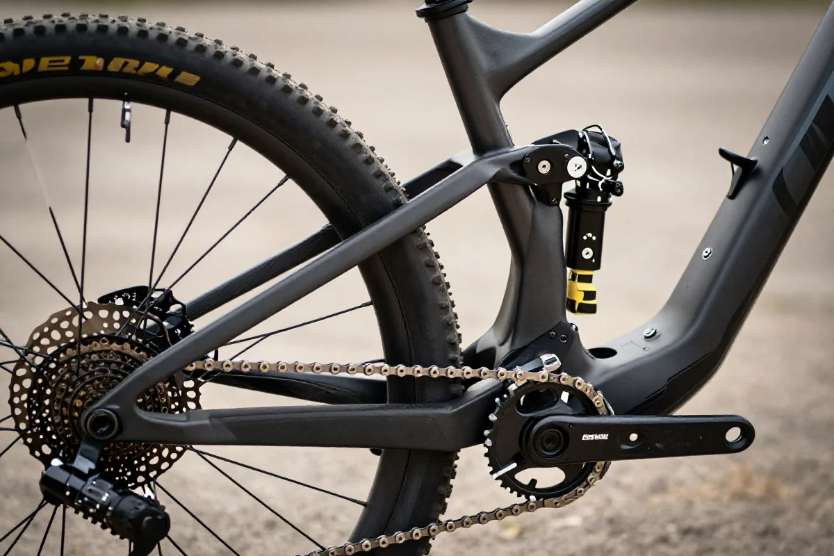 Zbliżenie na ramę roweru górskiego, skupiające się na chainstay i geometrii.