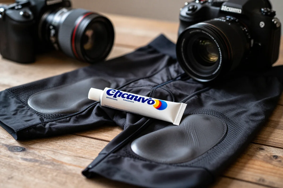 Krem przeciw otarciom i spodenki rowerowe na drewnianym stole.