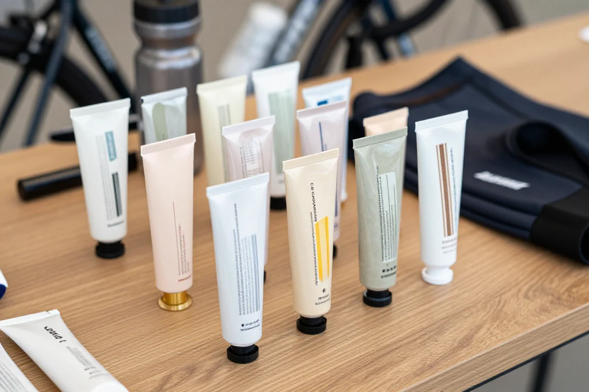 Różnorodne kremy chamois na stole, idealne do pielęgnacji skóry rowerzystów.