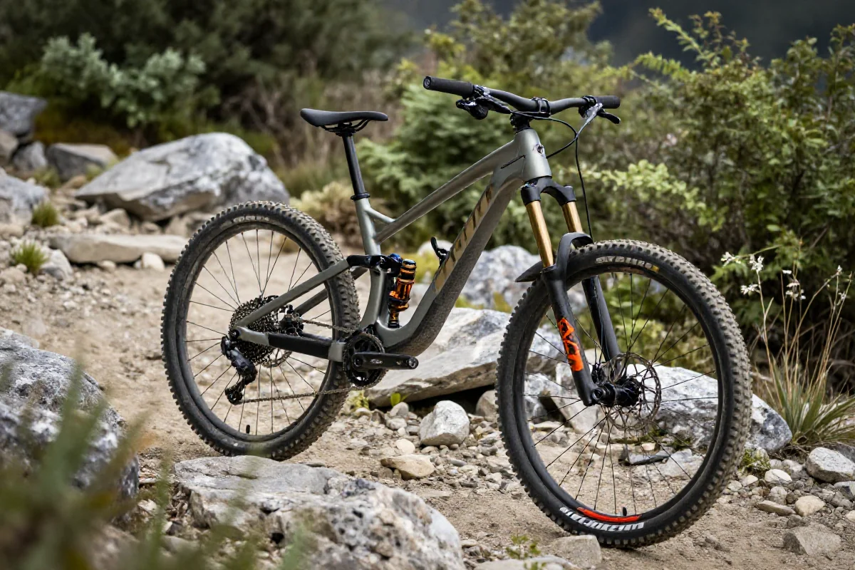 Rower górski na skalistej trasie enduro w malowniczym otoczeniu.