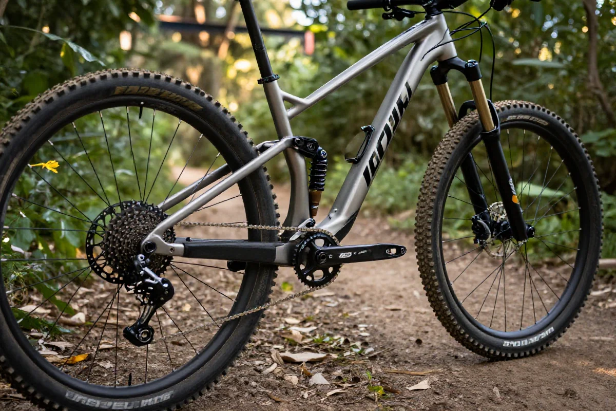 Rower górski XC na trasie w terenie z naturalnymi przeszkodami.