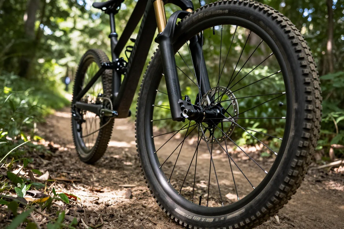 Szczegóły techniczne hamulców i opon roweru górskiego na szlaku