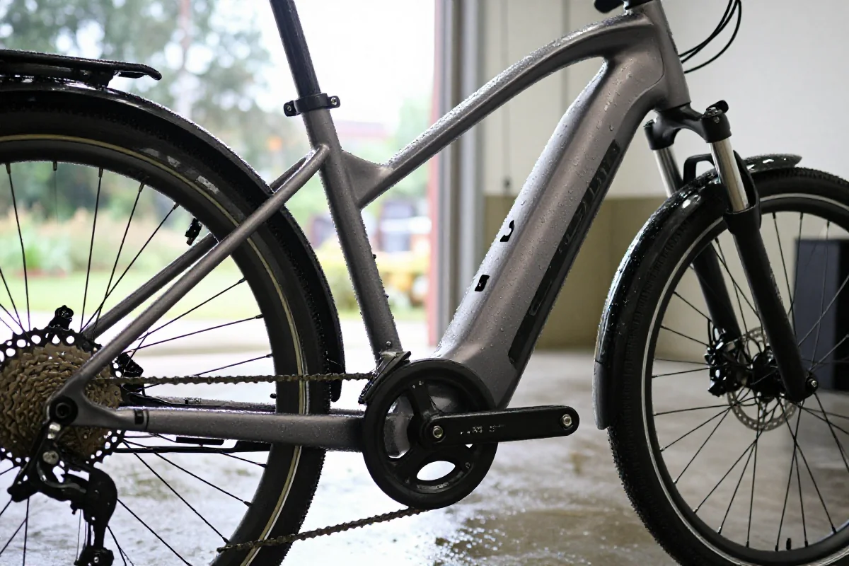 Czyszczenie e-bike’a po jeździe w deszczu, widoczna rama i komponenty.