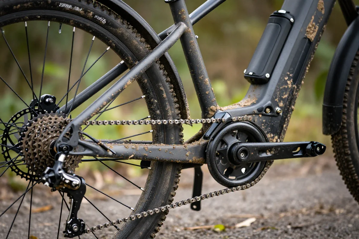 Rower elektryczny pokryty błotem, detaliczne elementy napędu i ramy.