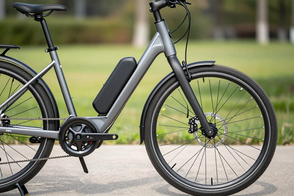 Nowoczesny rower elektryczny w pięknym otoczeniu, z detalami komponentów.