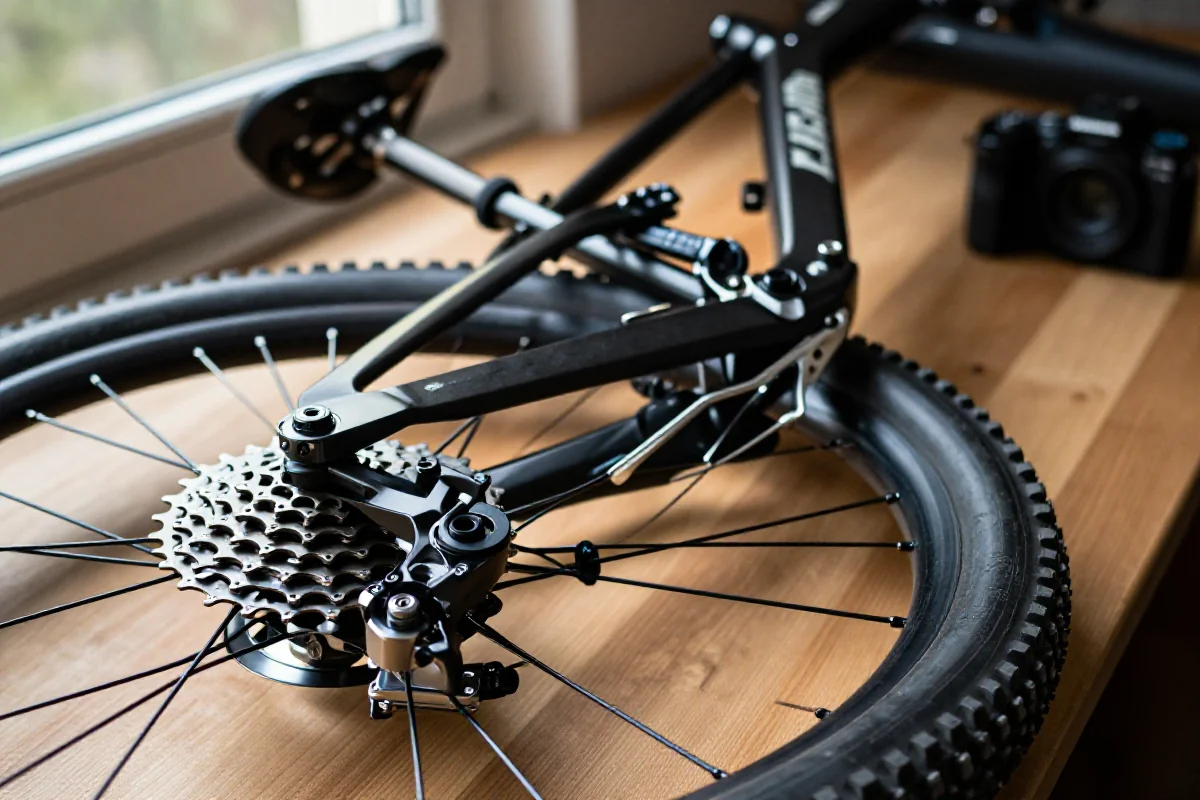 Szczegóły techniczne komponentów roweru górskiego na stole.