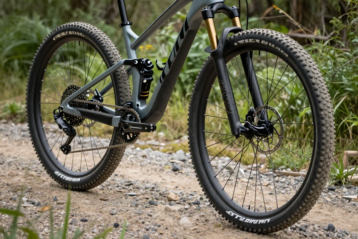 Bliska fotografia roweru górskiego z detalami komponentów i oponami tubeless.