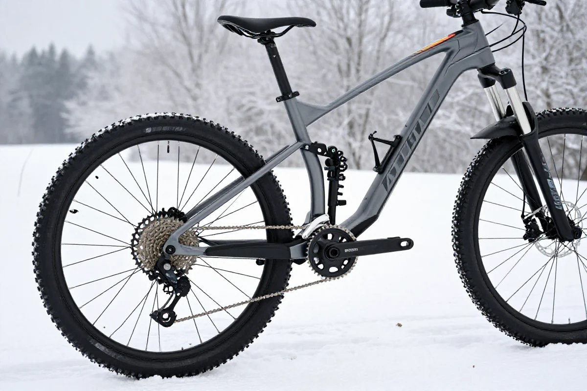 Rower górski gotowy na zimowy wyjazd w śnieżnym otoczeniu.