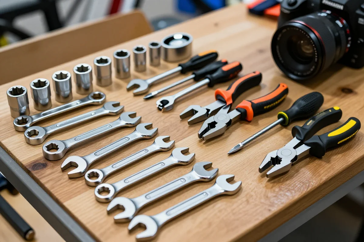 Zestaw narzędzi rowerowych do naprawy, w tym klucze, śrubokręty i kombinerki.