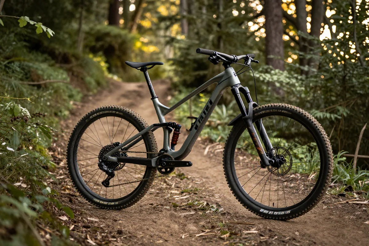 Rower górski na trasie MTB w lesie, idealny dla oceny ryzyka jazdy.