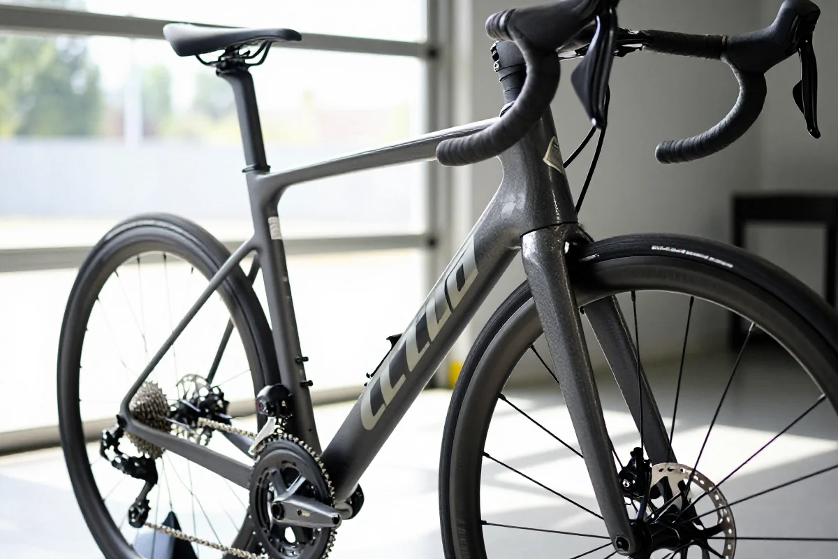 Fotografia używanego roweru szosowego z widocznymi detalami ramy i komponentów.