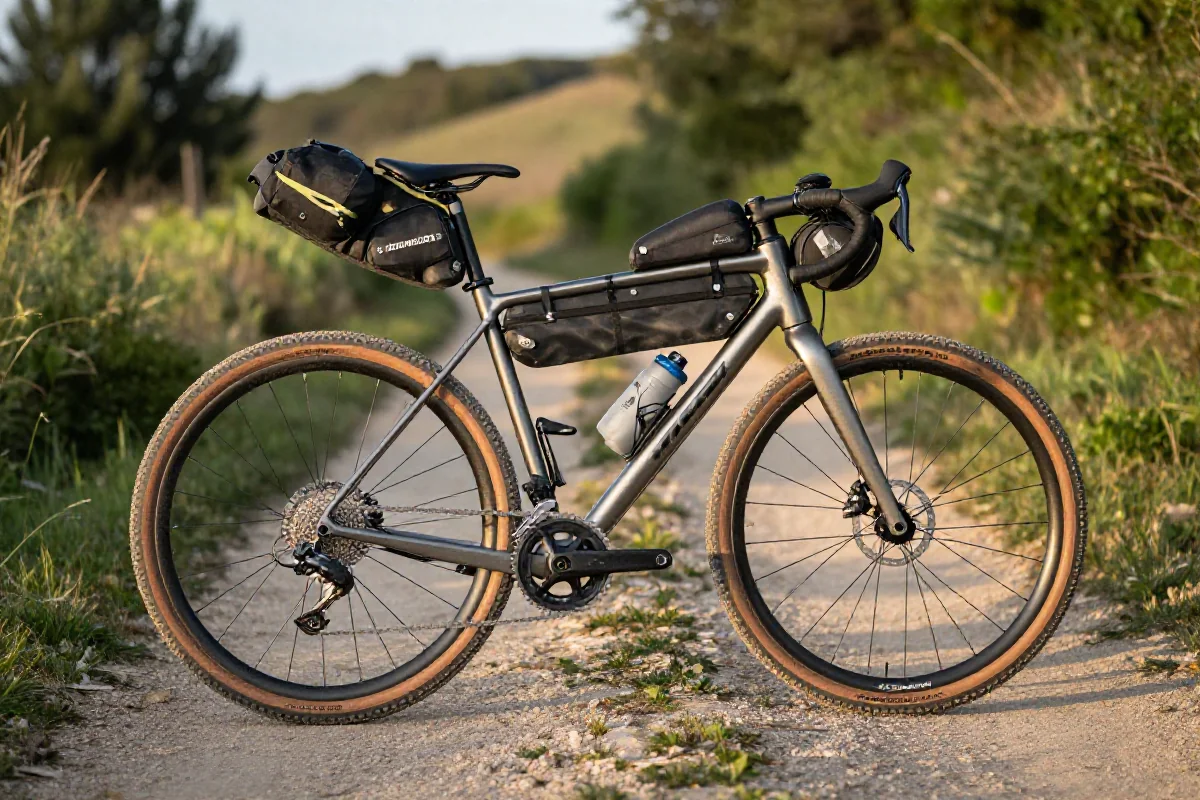 Rower gravelowy z akcesoriami do bikepackingu na szlaku w naturze.