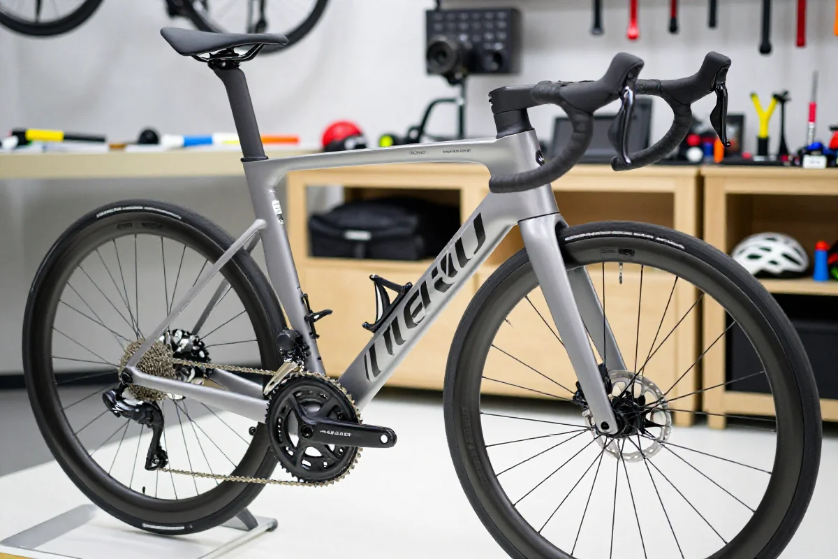 Rower szosowy w warsztacie z detalami technicznymi i wyspecjalizowanymi komponentami.