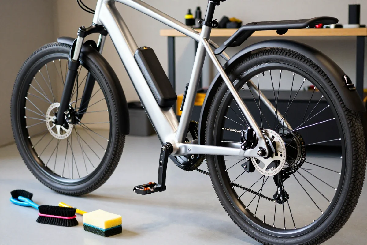 Czyszczenie roweru elektrycznego w warsztacie z narzędziami do konserwacji.