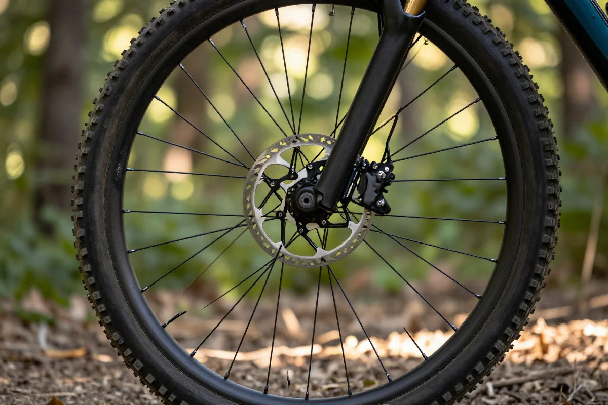 Szczegółowy widok na przednie koło roweru górskiego z hamulcem hydraulicznym.
