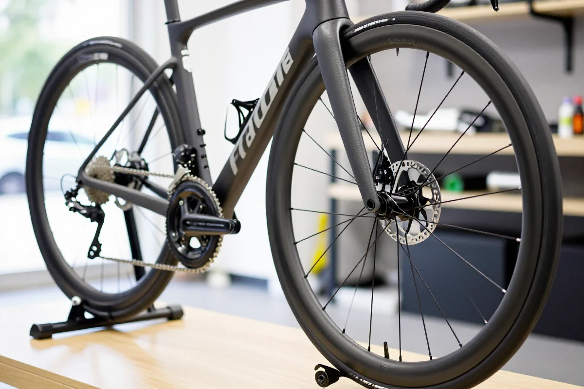 Bliska fotografia roweru szosowego z widocznymi elementami technicznymi w warsztacie