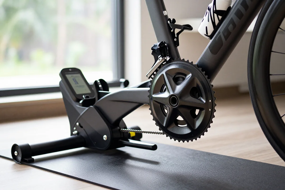 Trenażer rowerowy z miernikiem mocy przygotowany do testu FTP.