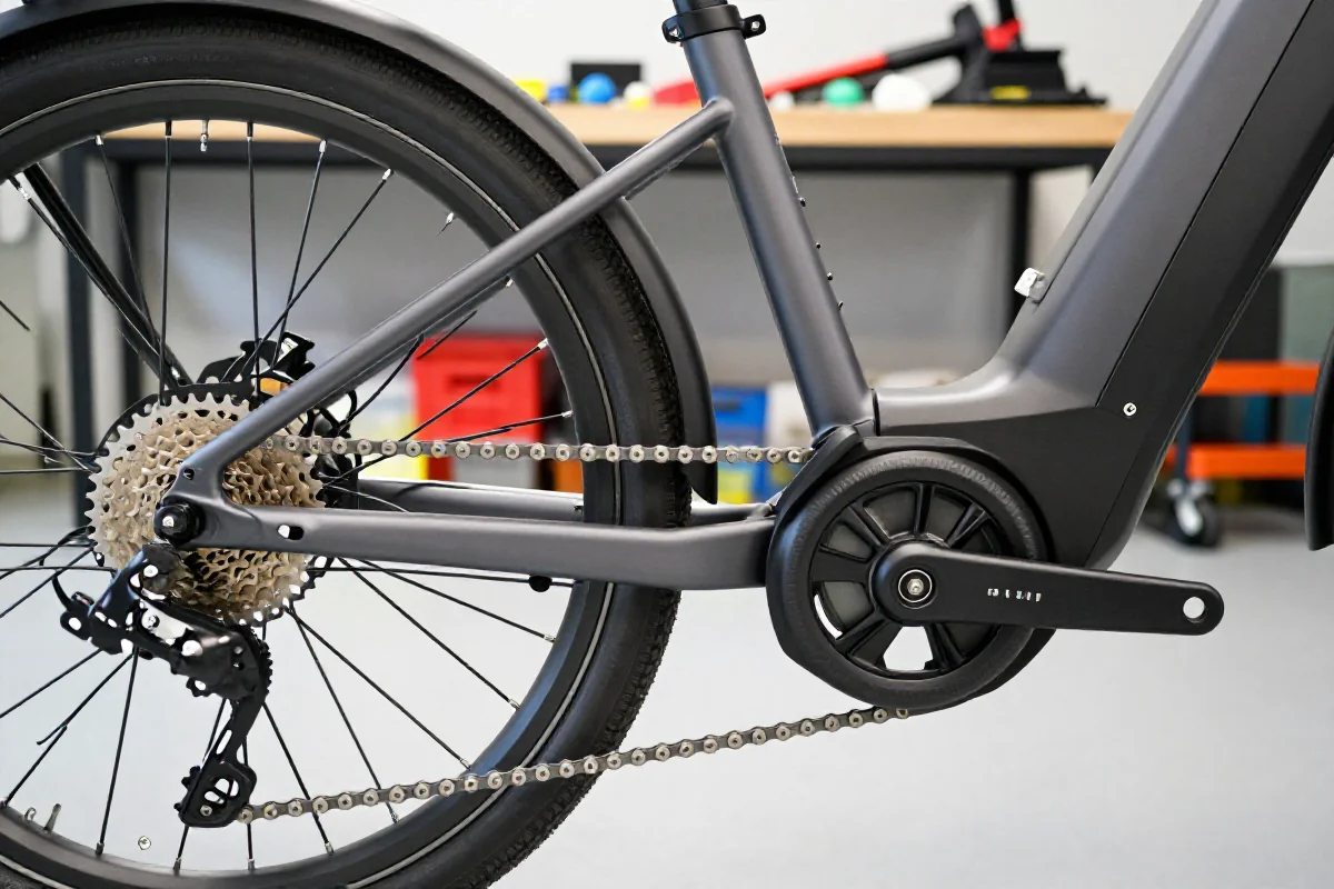 Szczegóły napędu e-bike'a w warsztacie serwisowym.