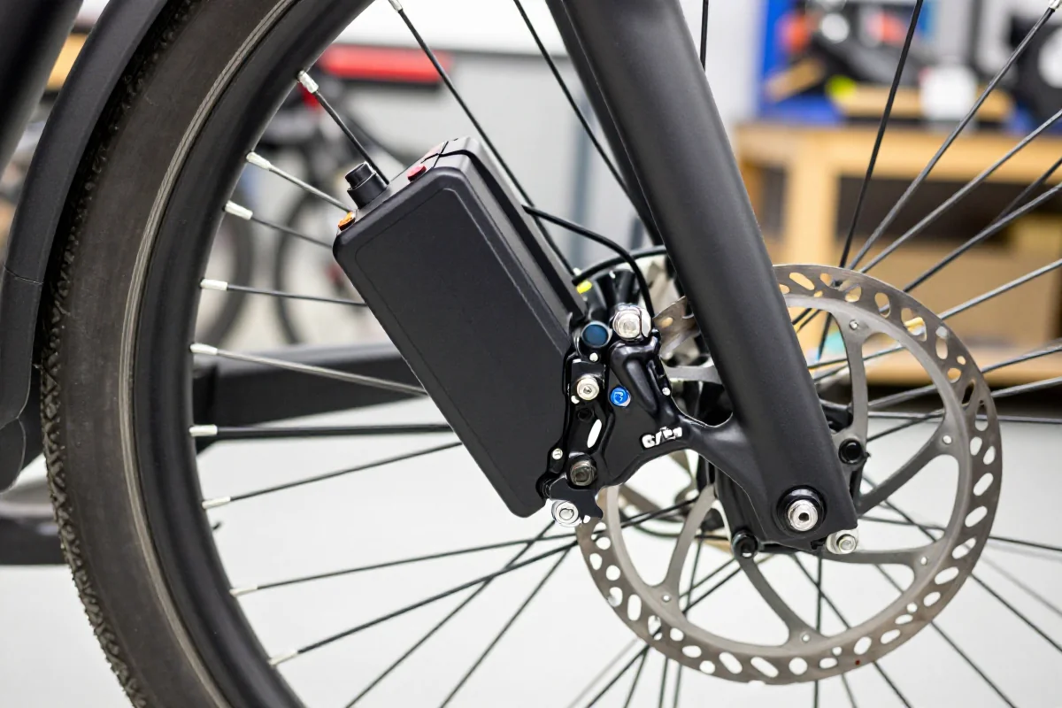 Przegląd techniczny roweru elektrycznego: bateria i hamulce w dobrym stanie.