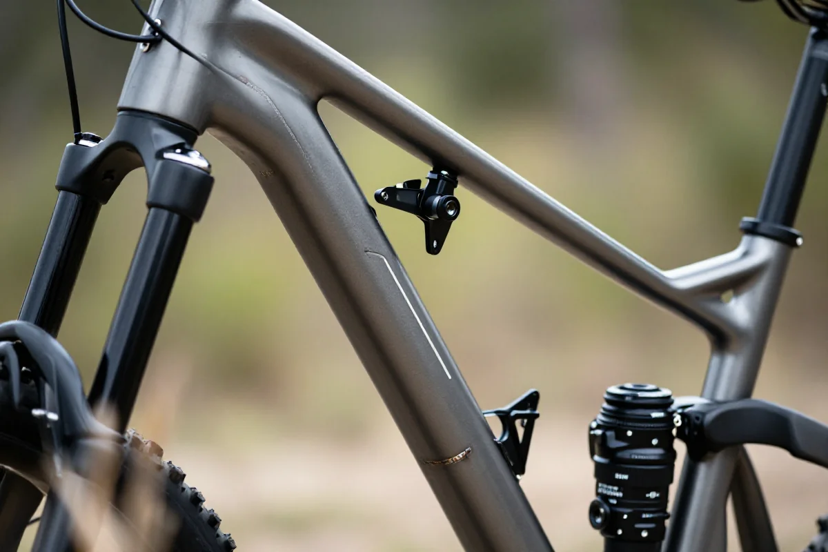 Zbliżenie na ramę roweru górskiego, ocena stanu technicznego używanego roweru.