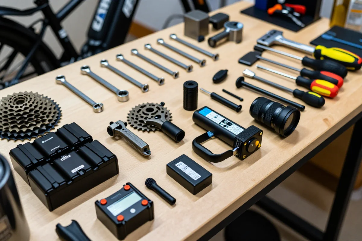 Wyposażenie warsztatu domowego dla e-bike z narzędziami i komponentami rowerowymi.