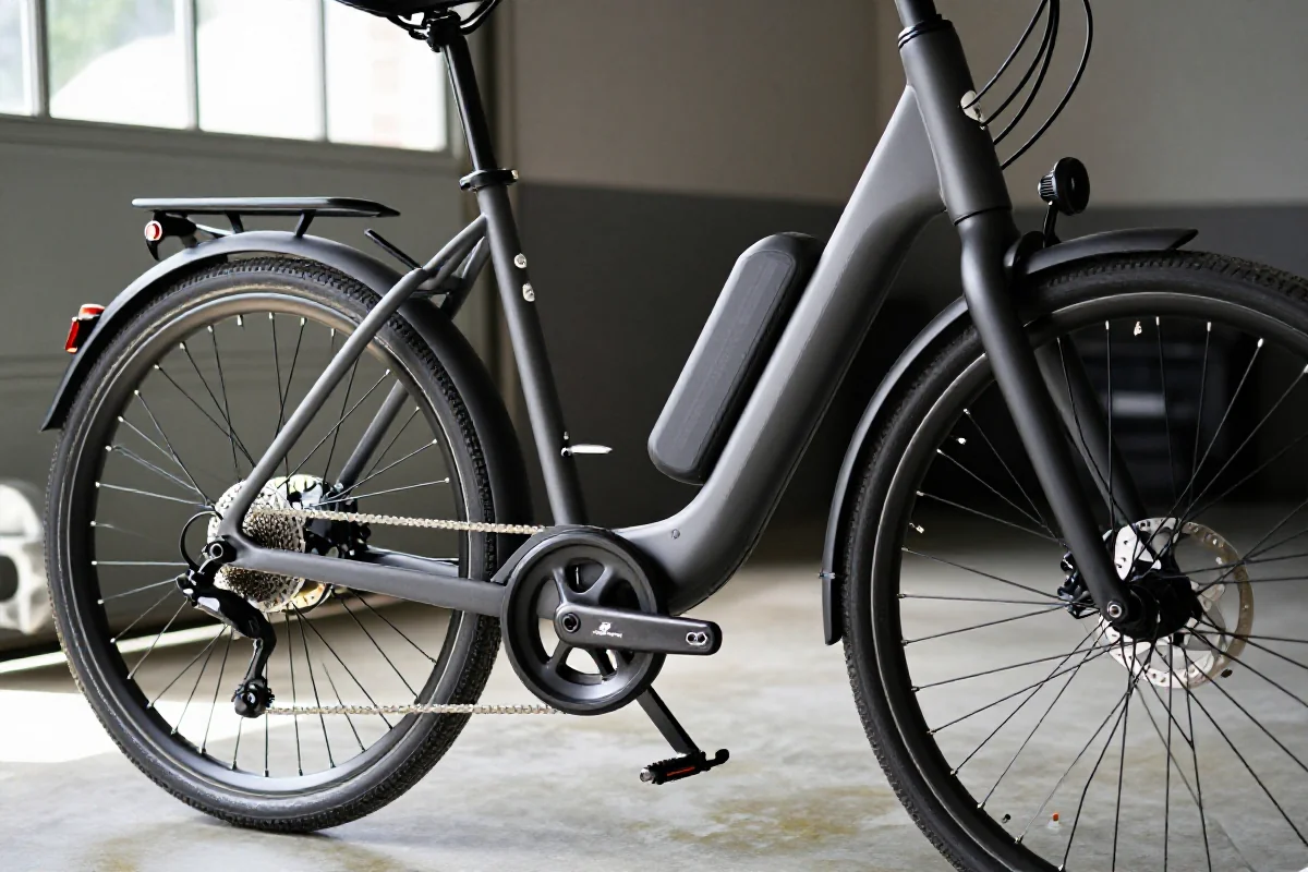 Używany rower elektryczny z bliska, ukazujący techniczne detale i komponenty.