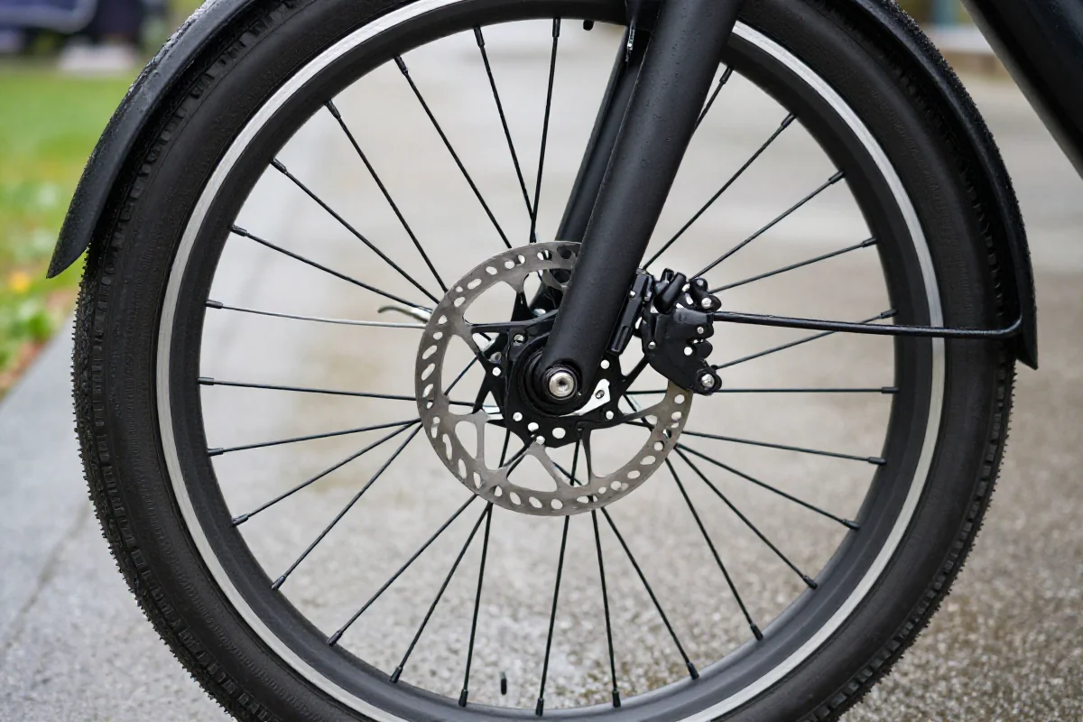 Zbliżenie na komponenty e-bike'a w deszczu, w tym opony i hamulce tarczowe.