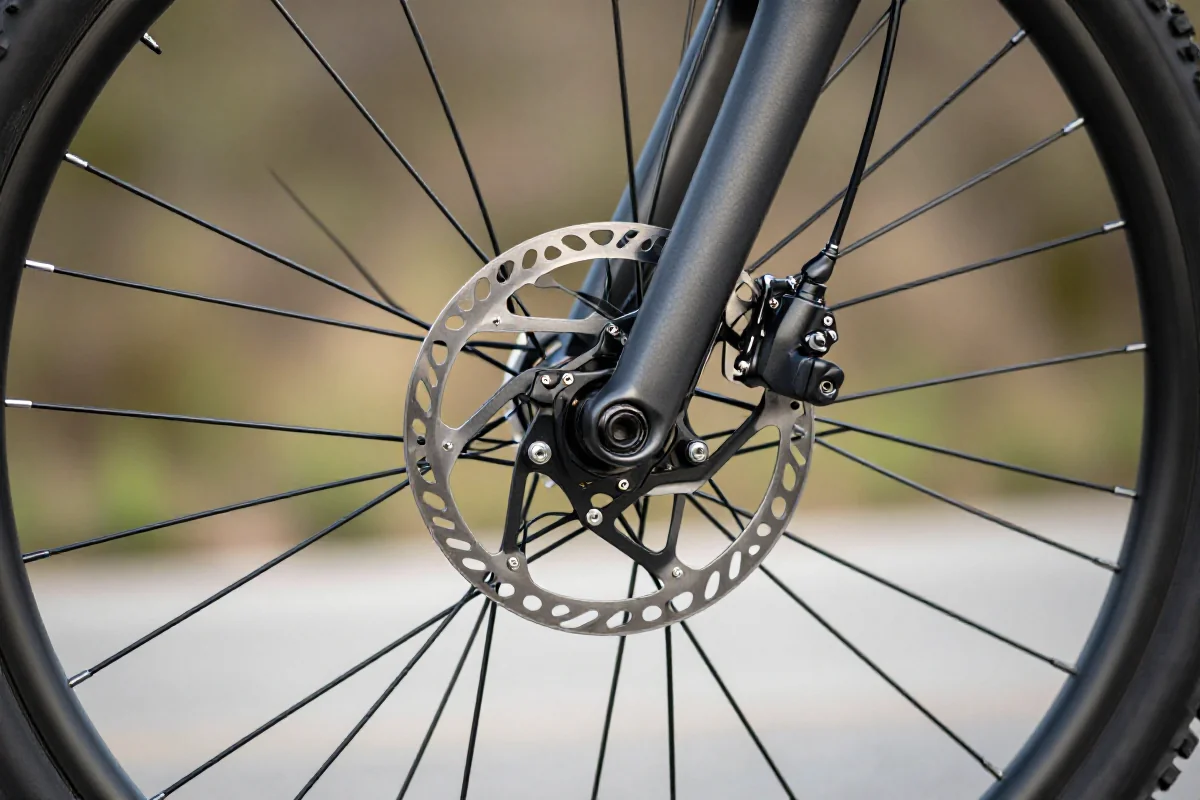 Szczegółowy widok hamulców hydraulicznych i koła roweru górskiego.