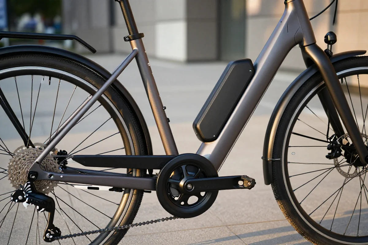 Szczegóły nowoczesnego roweru elektrycznego w miejskim otoczeniu