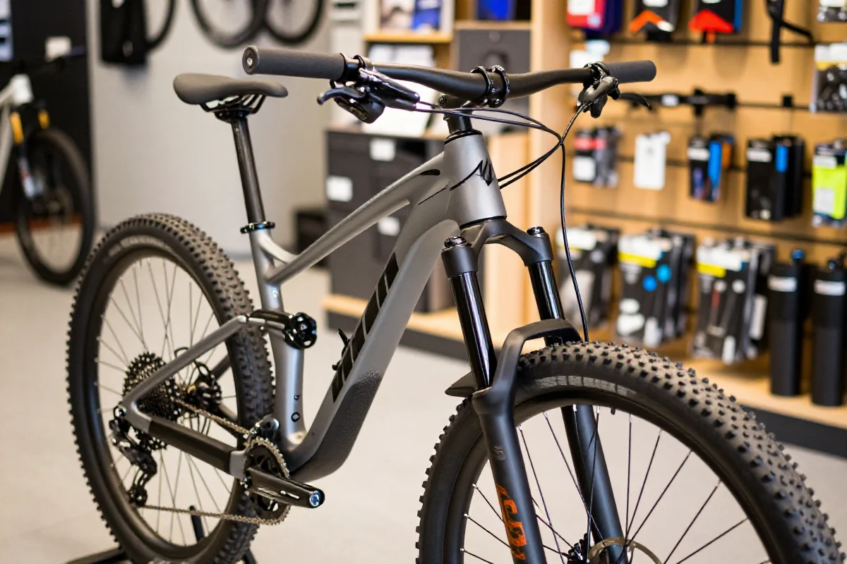 Nowy rower górski w salonie rowerowym, sprawdzenie jakości i komponentów