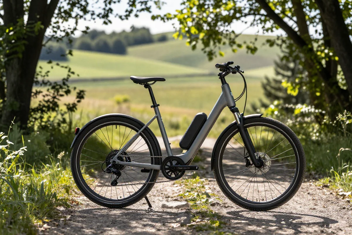Nowoczesny rower elektryczny na malowniczej trasie rowerowej