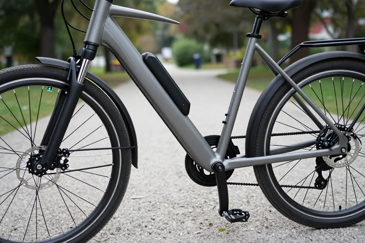 Szczegóły techniczne roweru elektrycznego z dzieckiem, w tym bateria i hamulce.