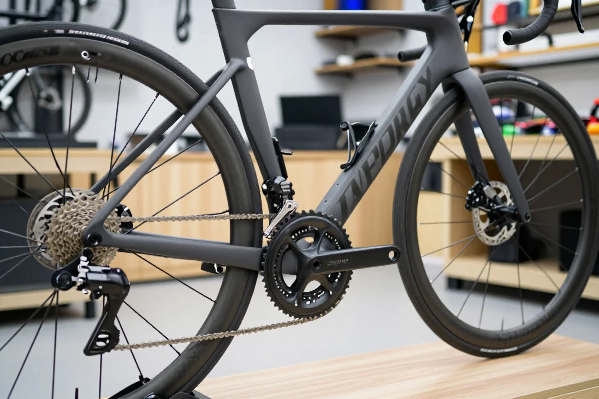Nowoczesny rower szosowy z karbonową ramą i hydraulicznymi hamulcami.