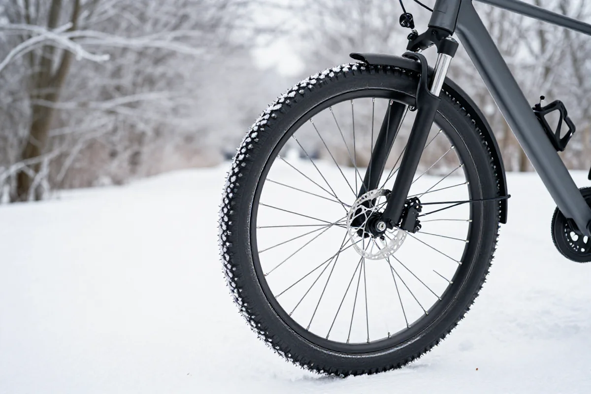 Zimowy e-bike z oponami zimowymi na śniegu, idealny do jazdy w trudnych warunkach.