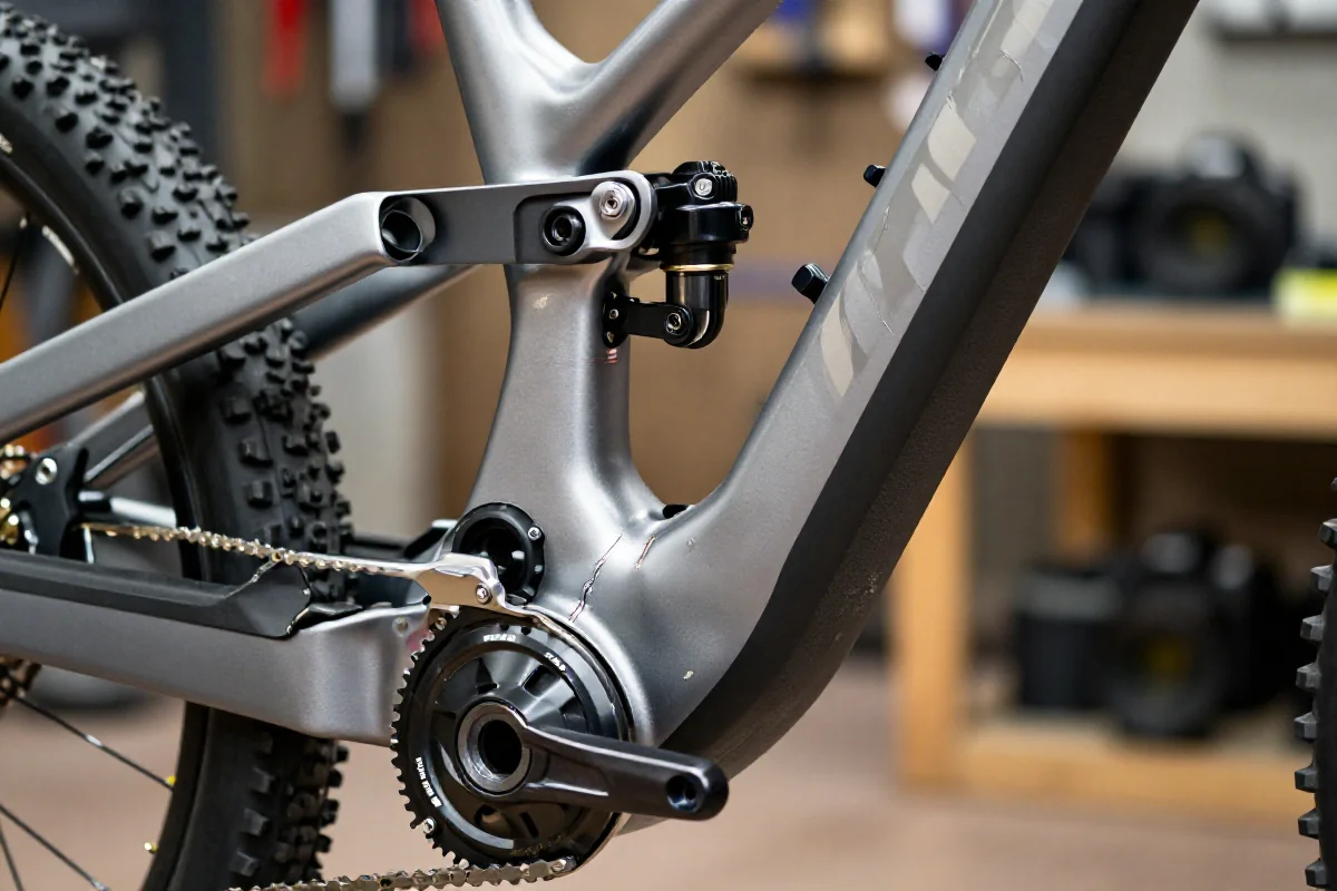 Szczegółowe zdjęcie ramy roweru górskiego w warsztacie, z widocznymi elementami technicznymi.