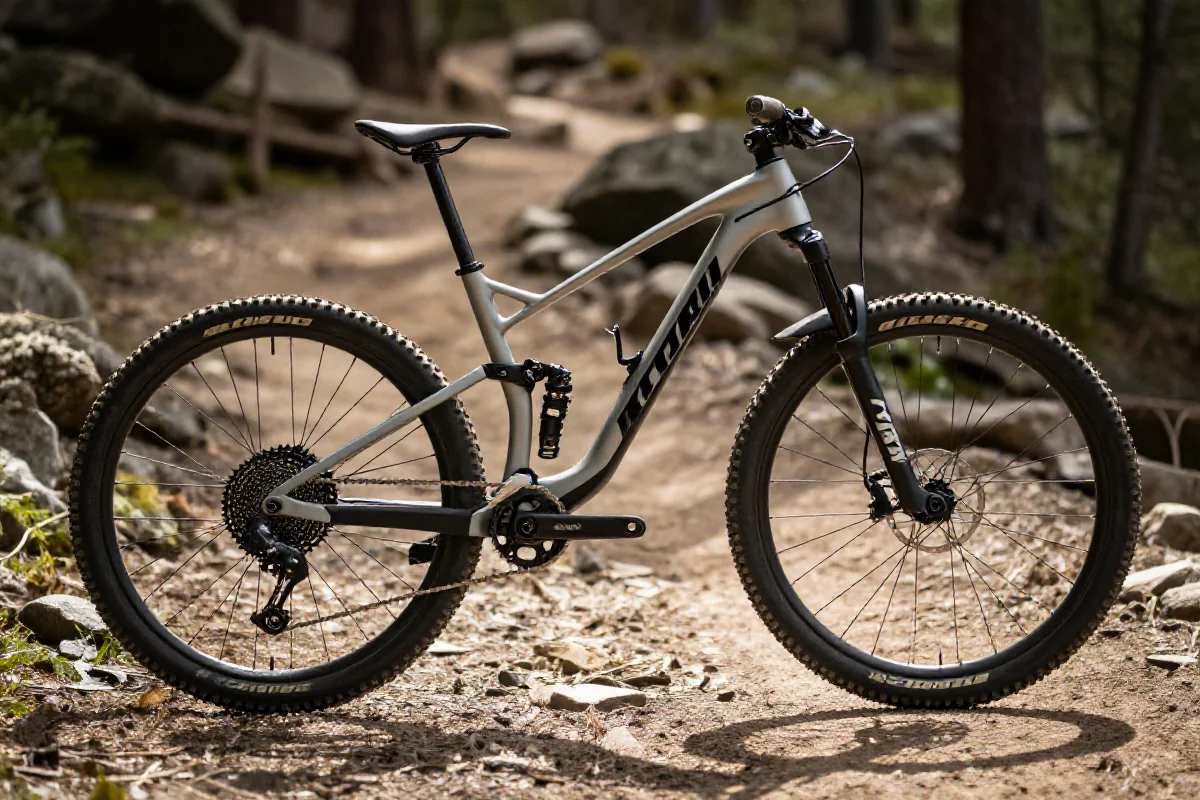 Nowoczesny rower górski na szlaku, z widocznymi detalami technicznymi