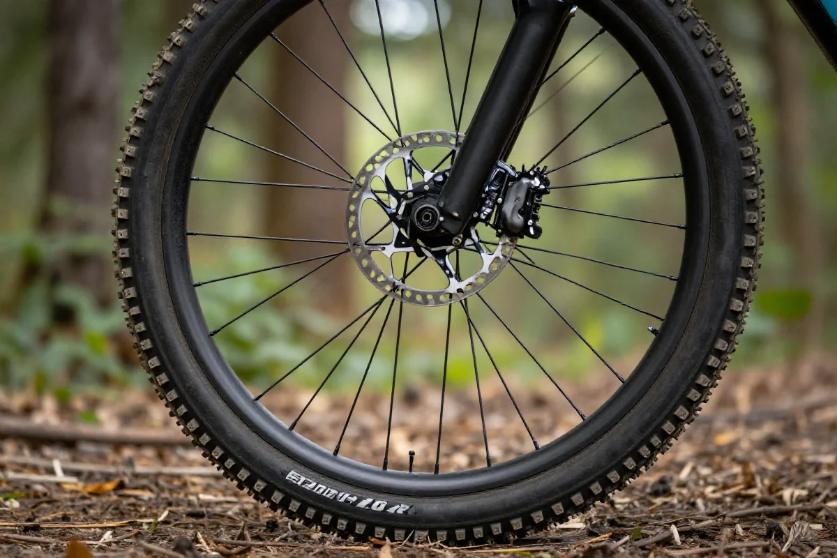 Szczegóły techniczne roweru górskiego, opona i system hamulcowy.