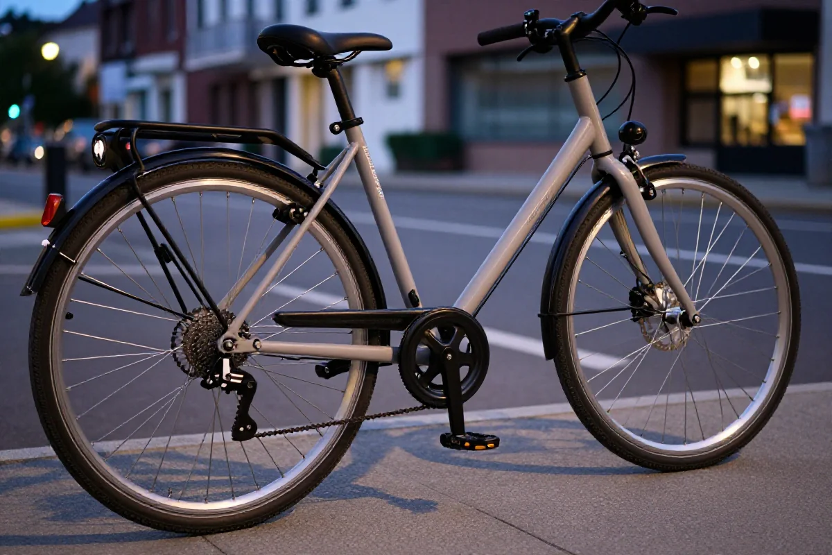 Rower miejski z widocznymi detalami, przygotowany na poranny dojazd.