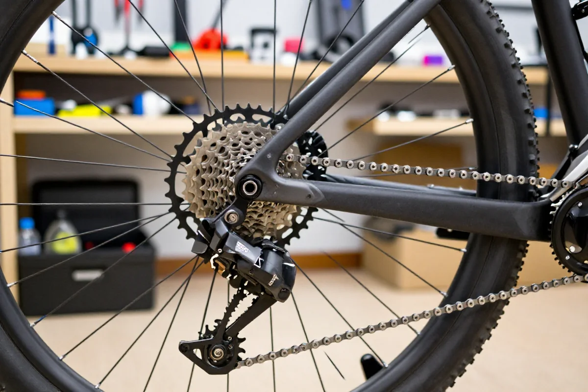 Nowoczesny napęd 1x12 w warsztacie rowerowym MTB.