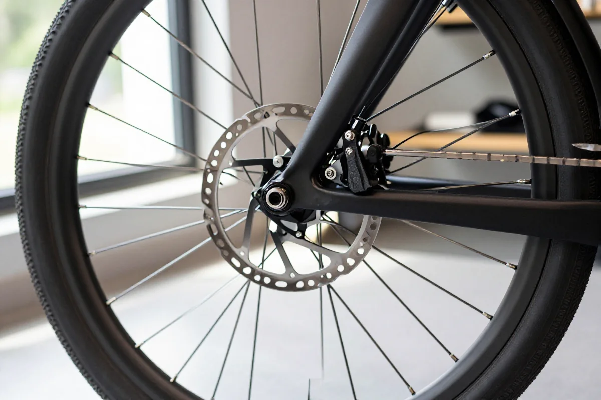 Bliska fotografia hydraulicznych hamulców tarczowych w rowerze elektrycznym.