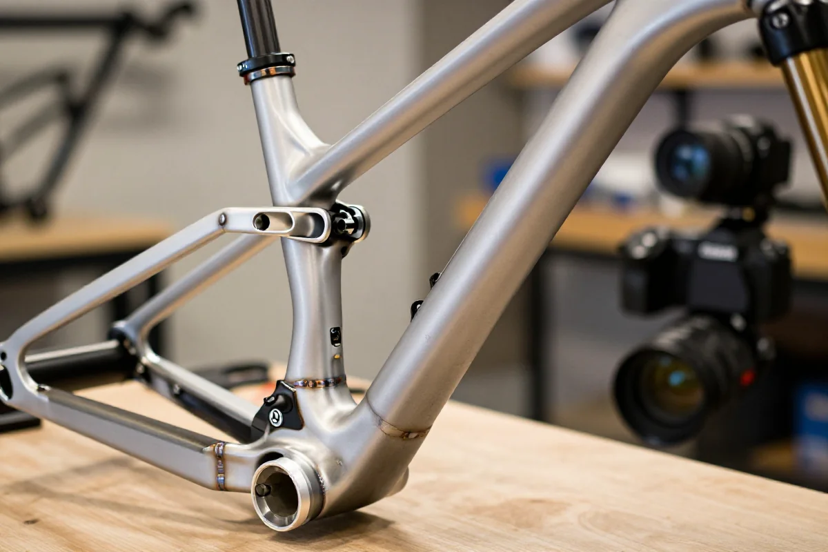 Stan ramy roweru górskiego w warsztacie, bez uszkodzeń i korozji.
