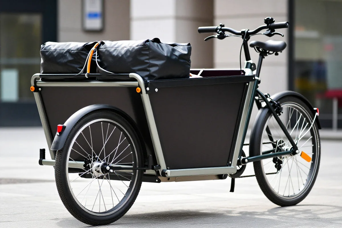 Rower cargo z ciężkim ładunkiem na platformie, stabilność i rozkład masy.