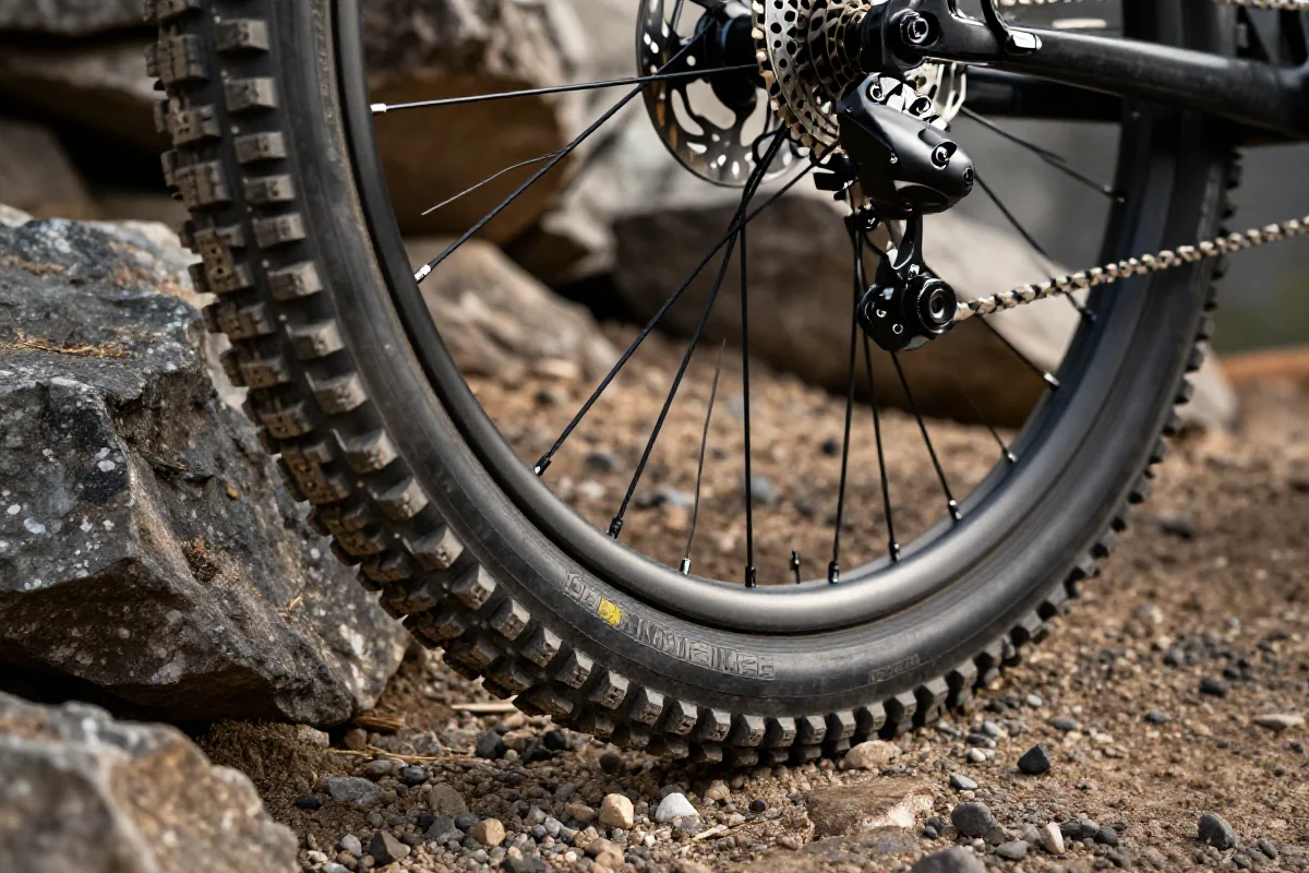 Opona MTB na skalistym terenie, podkreślająca mieszankę gumy i bieżnik.