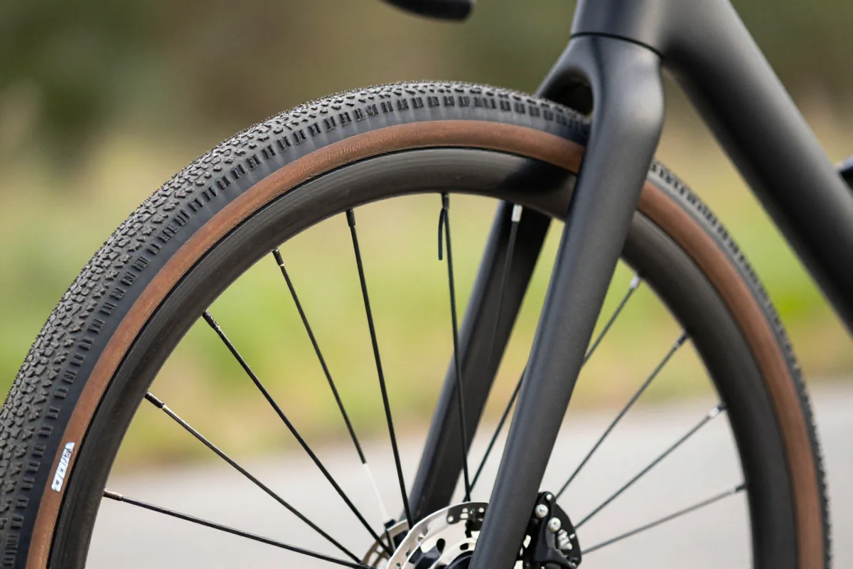 Tubeless opona rowerowa na obręczy gravelowej w naturalnym świetle