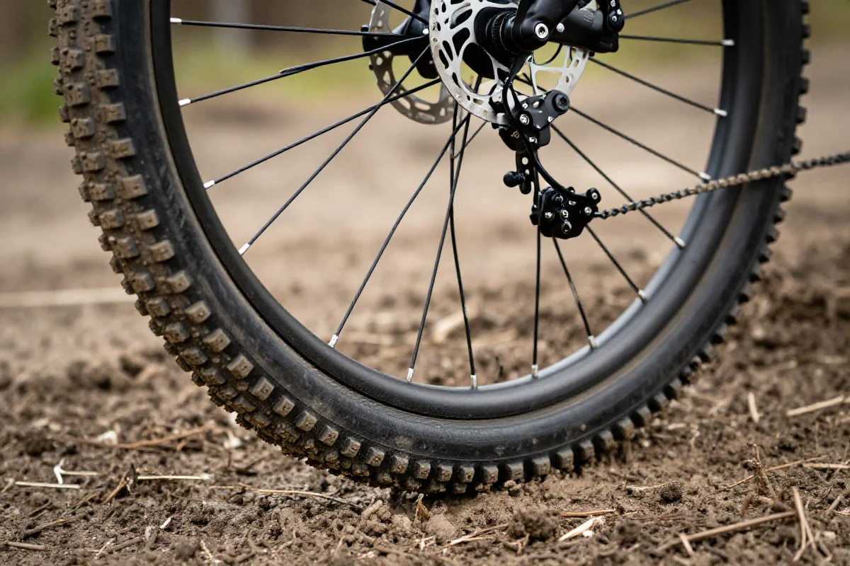 Opona roweru górskiego w błotnistym terenie, ilustracja ciśnienia w oponach.