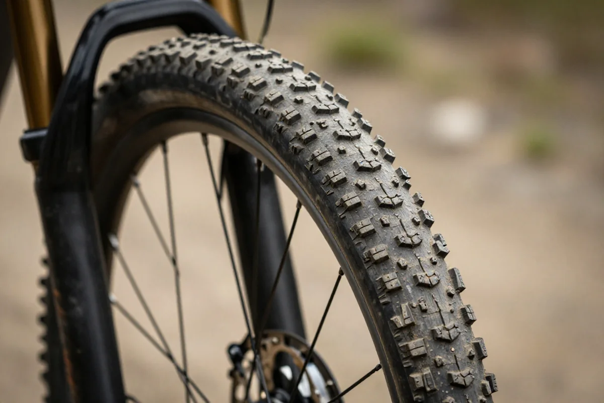 Opona rowerowa MTB na szlaku, ukazująca szczegóły bieżnika i wydajność.