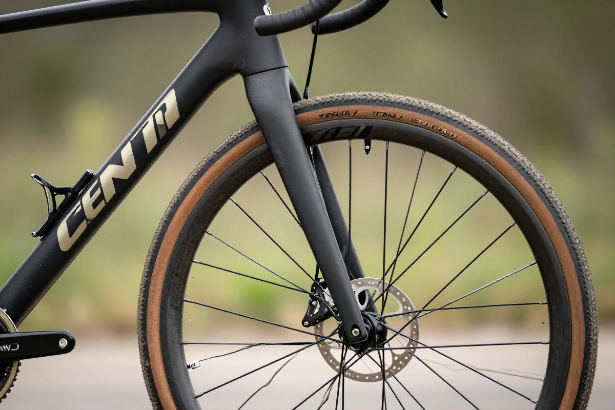 Rower cyclocrossowy z bliskiego planu, pokazujący prześwit dla błota.